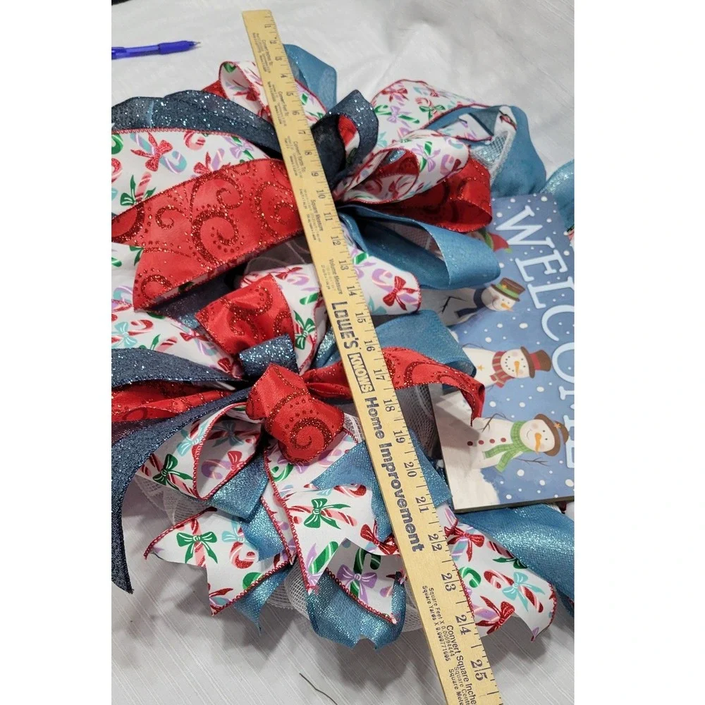 Snowman Welcome Wreath Door decor Blue Red Candy Cane 24 Inch on Pancake Frame